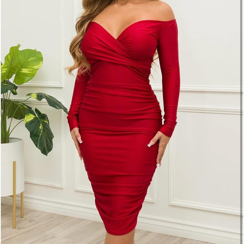 Women's Long Sleeve Off Shoulder Midi Dress Ruched Club Plus Size